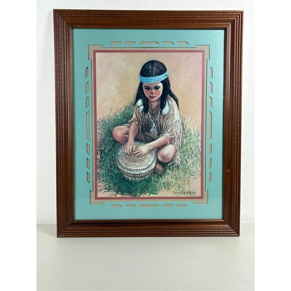 Vintage Marjorie M Anderson Native American Girl Drum Art Print Signed Framed - Picture 1 of 4
